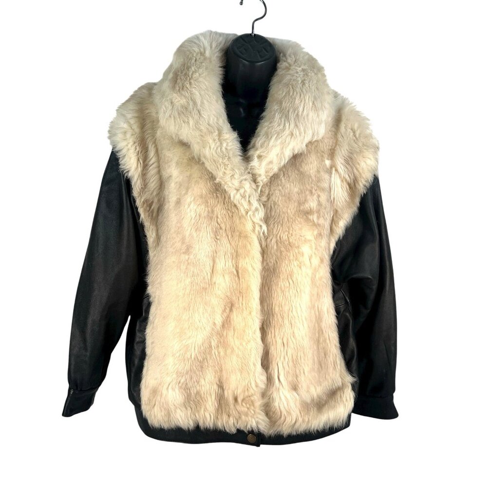 vtg 80's‎ custom made lambs leather sheep fur bomber jacket womens sz L